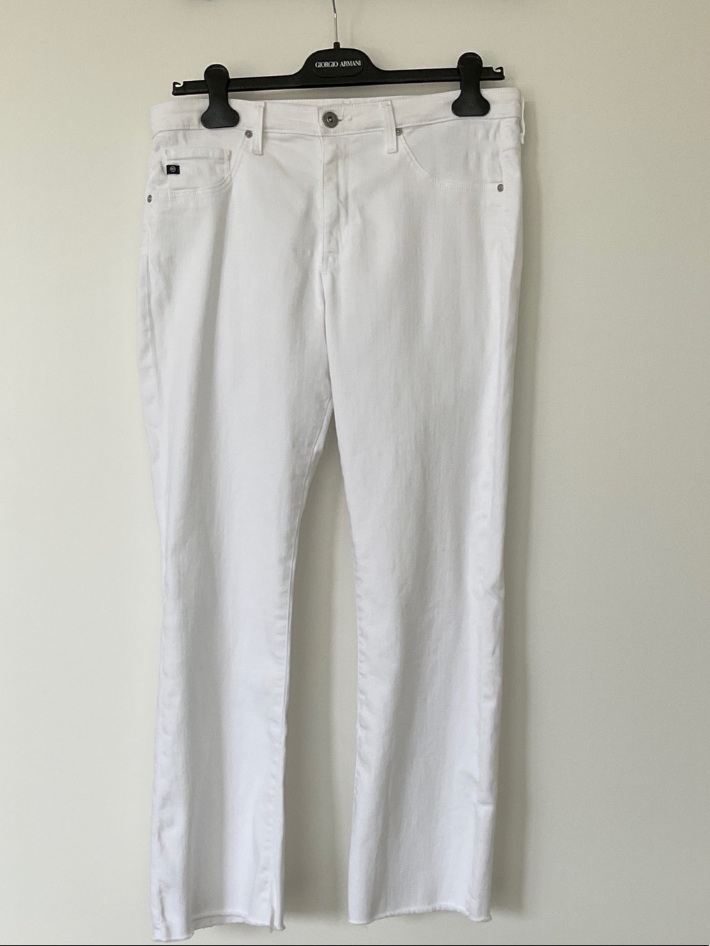 AG Adriano Goldschmied White High Rise Slim Flare Jeans Raw Hem